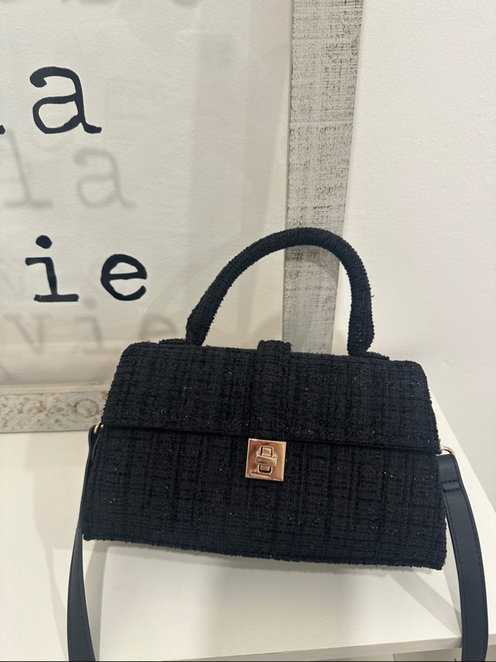 H&M Black Tweed Top-Handle Satchel with Gold-Tone Clasp - Picture 1 of 3
